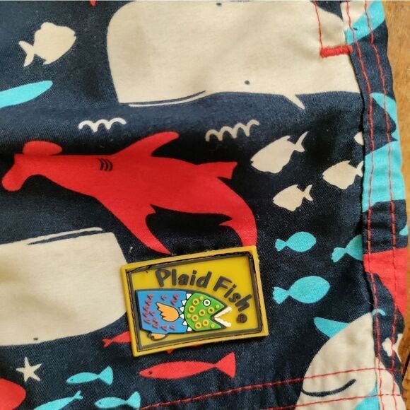 Plaid fish swim trunks boys size 24 mos sharks red white blue swimsuit summer - Picture 2 of 7